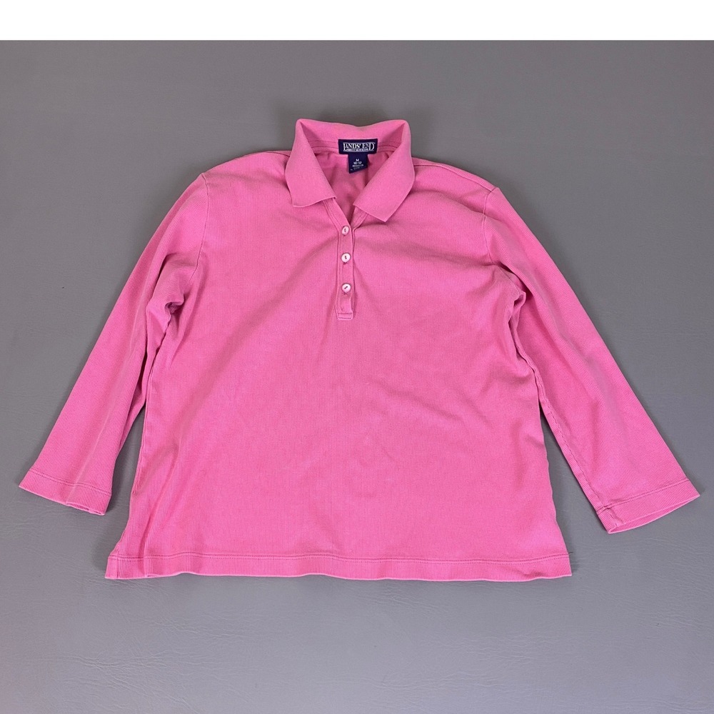 Lands End Polo Shirt Womens Size M 10-12 Pink Ribbed Long Sleeve Cotton Stretch*